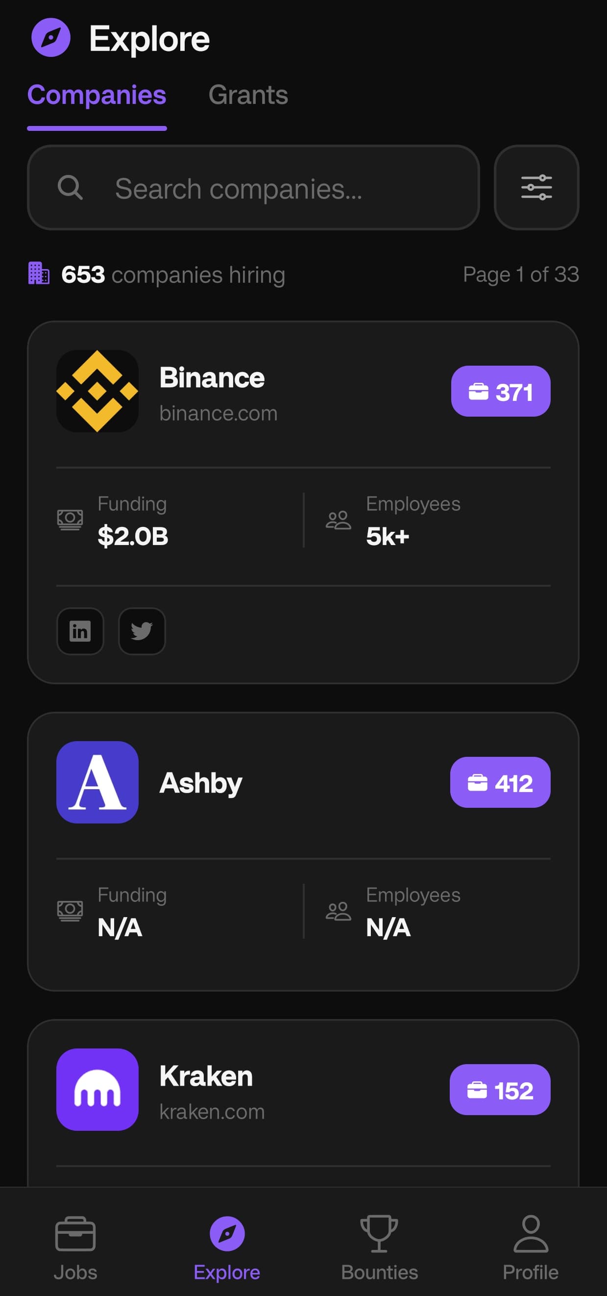 Company directory screen listing crypto companies hiring, with funding and employee counts