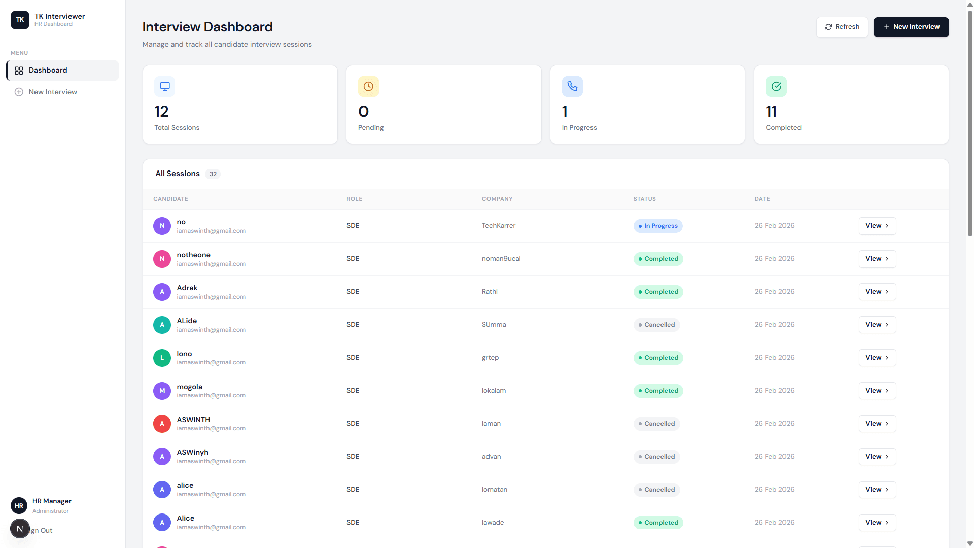 HR dashboard listing all interview sessions with total/pending/in-progress/completed stats