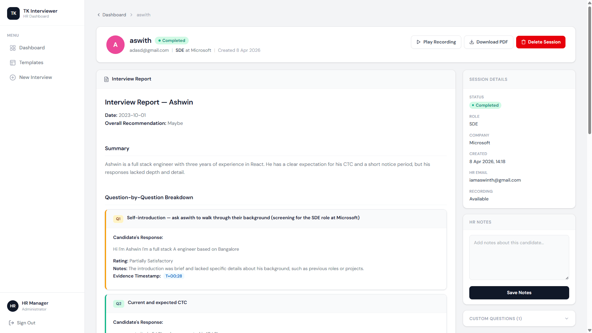 Generated interview report with a question-by-question breakdown, ratings, and HR notes
